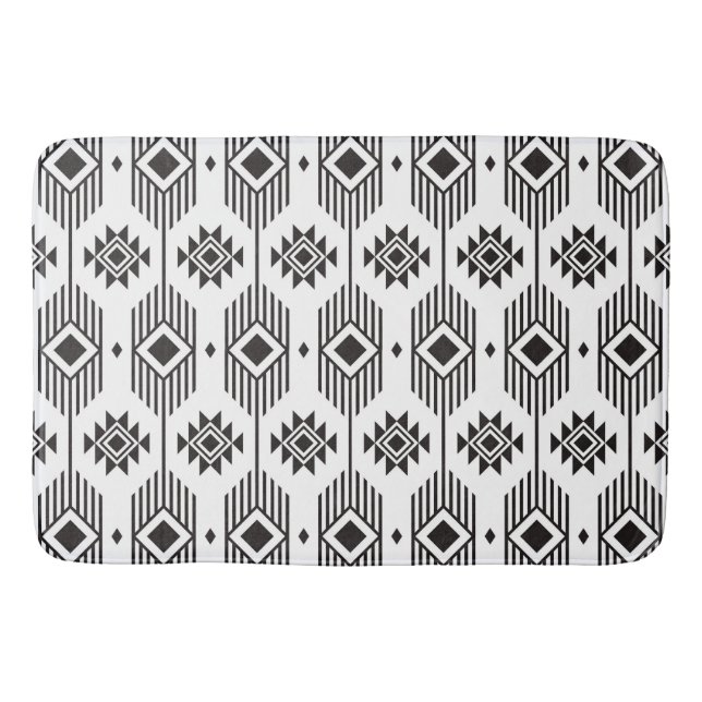 Black and white ethnic ikat geometric pattern bath mat (Front)