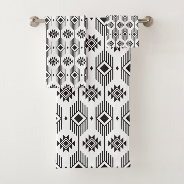 Black and white ethnic ikat geometric pattern bath towel set (Insitu)