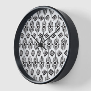 Black and white ethnic ikat geometric pattern clock