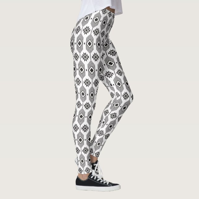 Black and white ethnic ikat geometric pattern leggings (Right)
