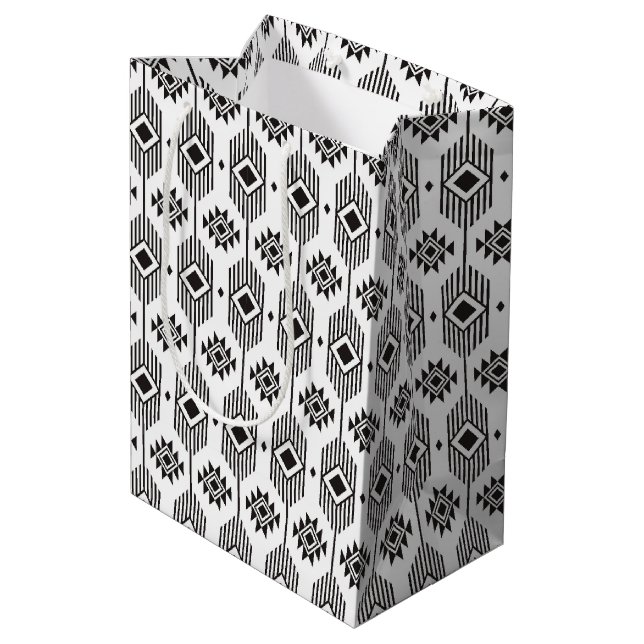 Black and white ethnic ikat geometric pattern medium gift bag (Back Angled)