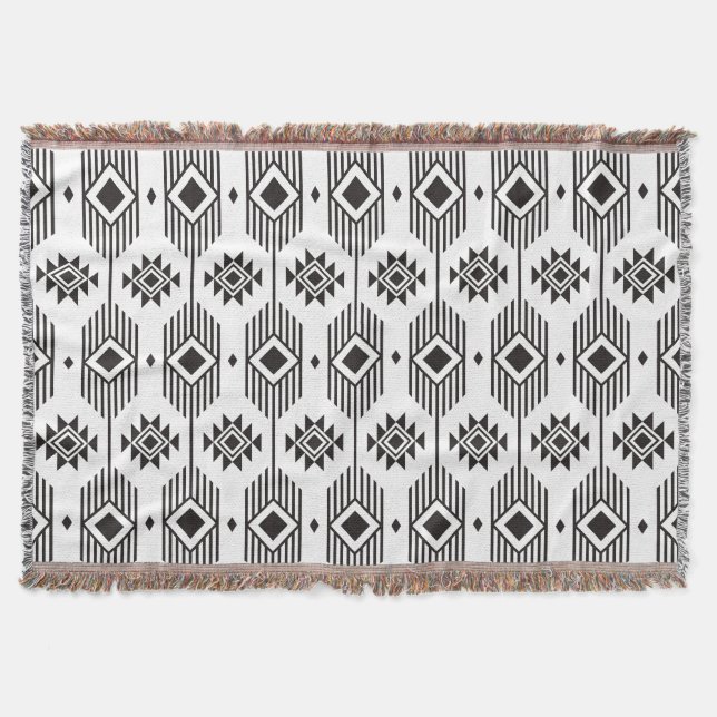 Black and white ethnic ikat geometric pattern throw blanket (Front)