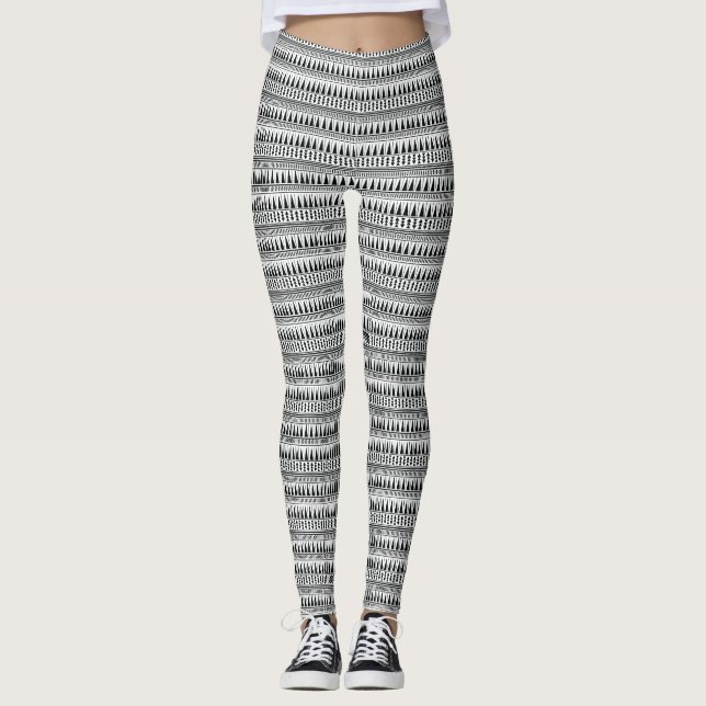 Black and White ethnic tribal aztec print Leggings (Front)