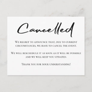 Black and white event cancellation announcement postcard