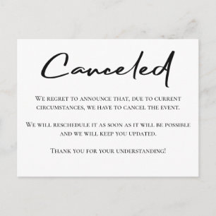 Black and white event cancelled announcement postcard