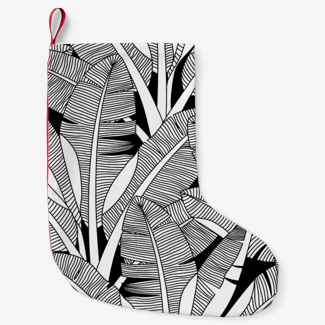 Black and white exotic plant and palm tree botanic small christmas stocking (Front)