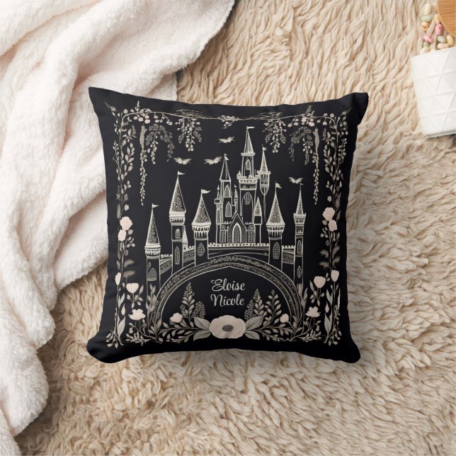 Black and White Fairytale Castle Illustration Cushion (Blanket)