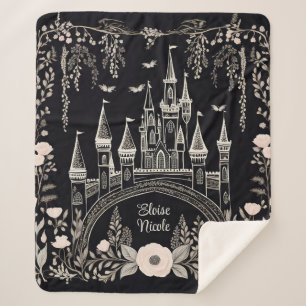 Black and White Fairytale Castle Illustration Sherpa Blanket