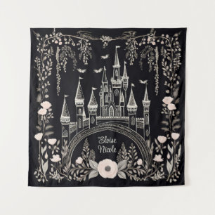 Black and White Fairytale Castle Illustration Tapestry