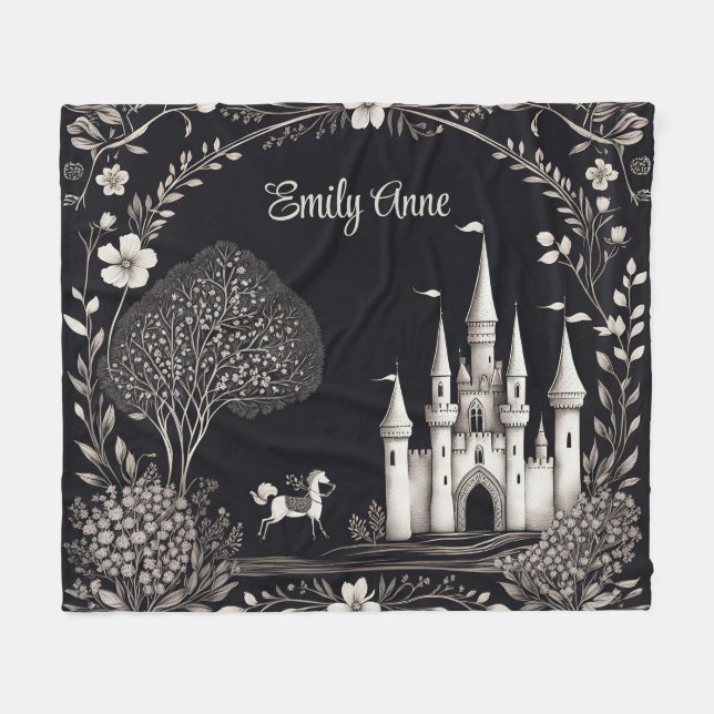 Black and White Fairytale Castle with Horse Fleece Blanket (Front (Horizontal))