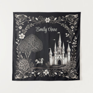 Black and White Fairytale Castle with Horse Tapestry