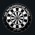 Black and White Family Dartboard with Darts<br><div class="desc">Black and white dart board with two custom text areas. Great wedding gift!</div>