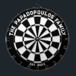 Black and White Family Dartboard with Darts<br><div class="desc">Black and white dart board with two custom text areas. Great wedding gift!</div>