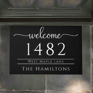 Black and white family name personalised address  doormat