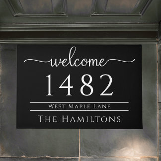 Black and white family name personalised address  doormat
