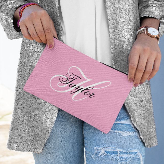 Black and White Fancy Monogram Pink Accessory Pouch (Black and White Fancy Monogram Pink Accessory Pouch)