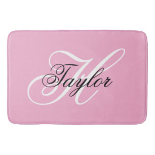 Black and White Fancy Monogram Pink Bath Mat