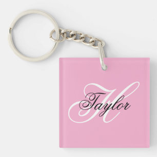 Black and White Fancy Monogram Pink Key Ring