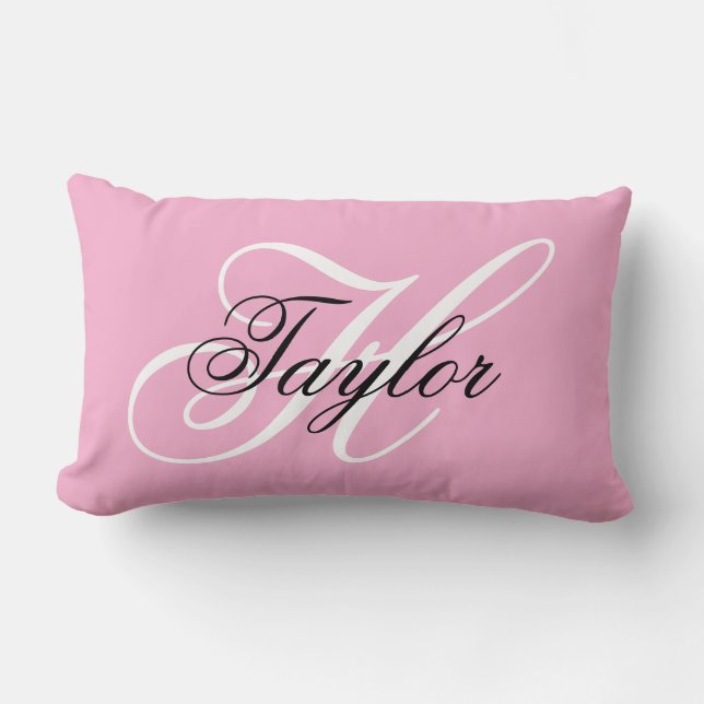 Black and White Fancy Monogram Pink Lumbar Cushion (Front)