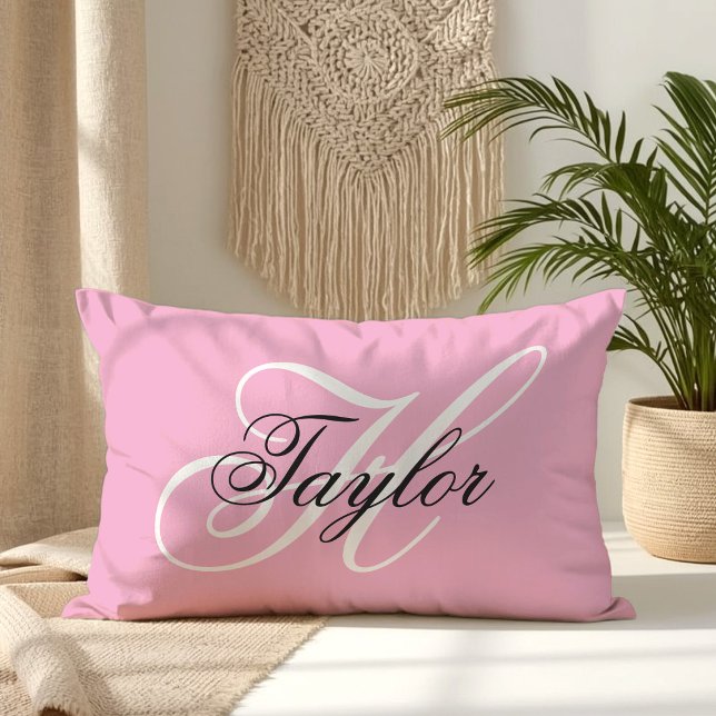 Black and White Fancy Monogram Pink Lumbar Cushion (Black and White Fancy Monogram Pink Lumbar Pillow)