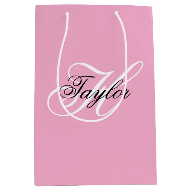 Black and White Fancy Monogram Pink Medium Gift Bag (Front)