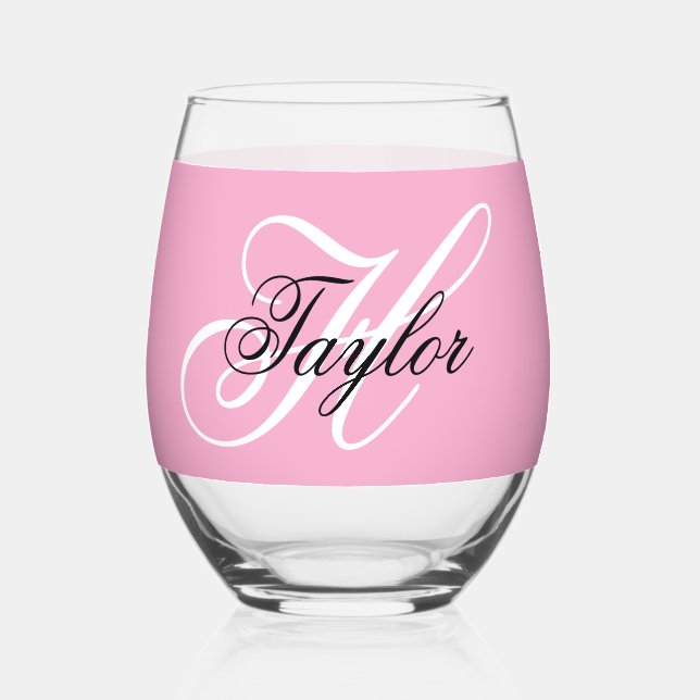 Black and White Fancy Monogram Pink Stemless Wine Glass (Front)