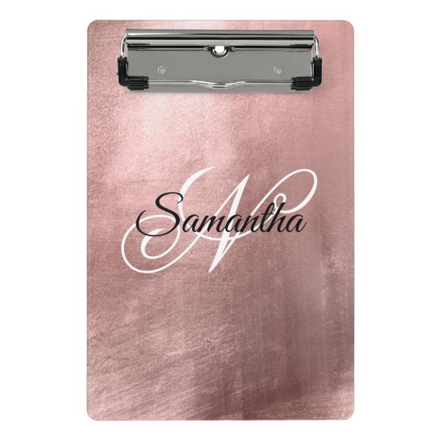 Black and White Fancy Monogrammed Rose Gold Foil Mini Clipboard (Front)
