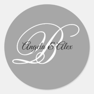 Black and White Fancy Script Monogram Grey Classic Round Sticker