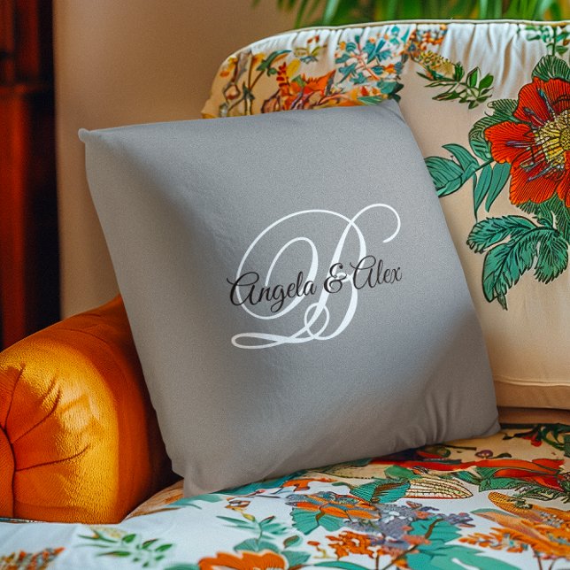Black and White Fancy Script Monogram Grey Cushion (Black and White Fancy Script Monogram Gray Throw Pillow)