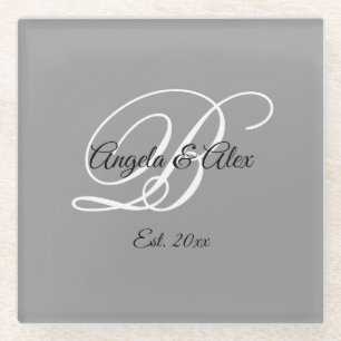 Black and White Fancy Script Monogram Grey Glass Coaster