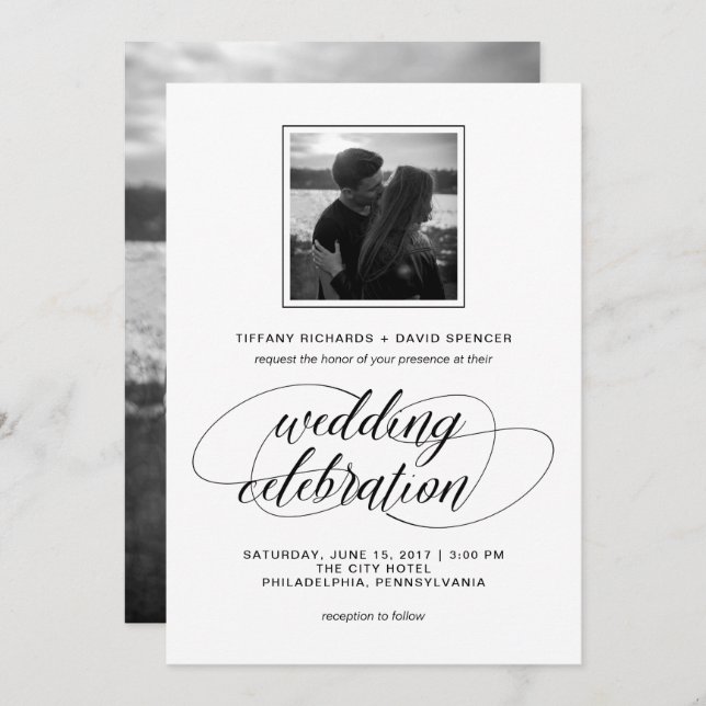 Black and White Fancy Script Wedding Photo Invitation (Front/Back)