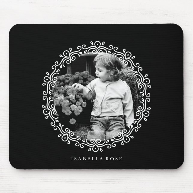 Black and White Fancy Swirls Photo Frame Mouse Pad (Front)