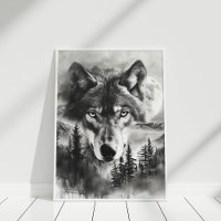 Black and White Fantasy Wolf Mountain Moon