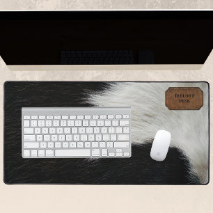Black and White Faux Cow Fur and Leather Desk Mat