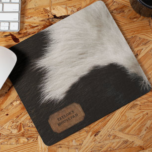 Black and White Faux Cow Fur and Leather Mouse Pad