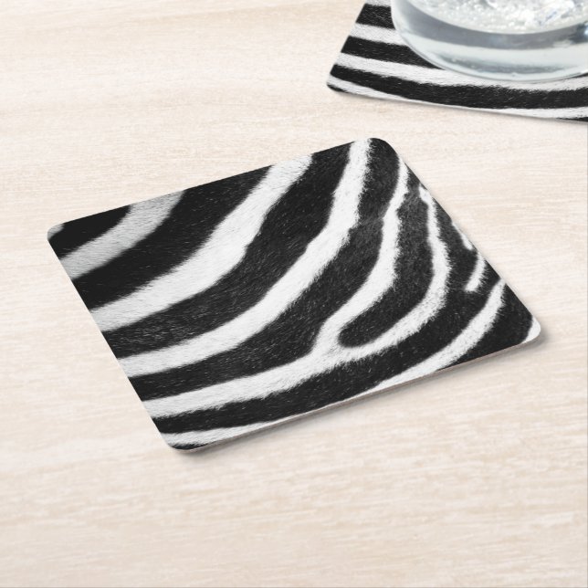 black and white faux fur stripes Zebra Print Square Paper Coaster (Angled)