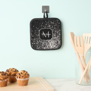Black and White faux glitter sparkles Monogram Pot Holder