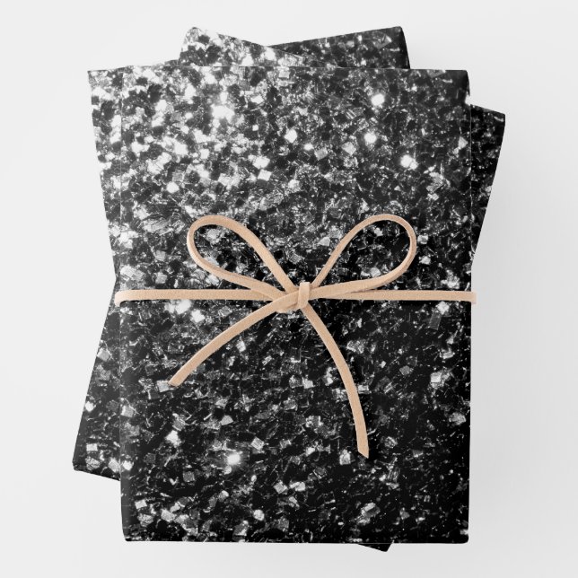 Black and White faux glitter sparkles Wrapping Paper Sheet (In situ)