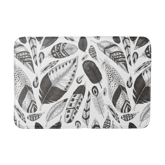 Black and white feathers pattern bath mat (Front)