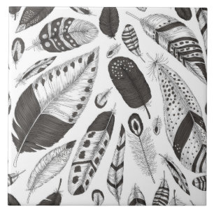 Black and white feathers pattern ceramic tile
