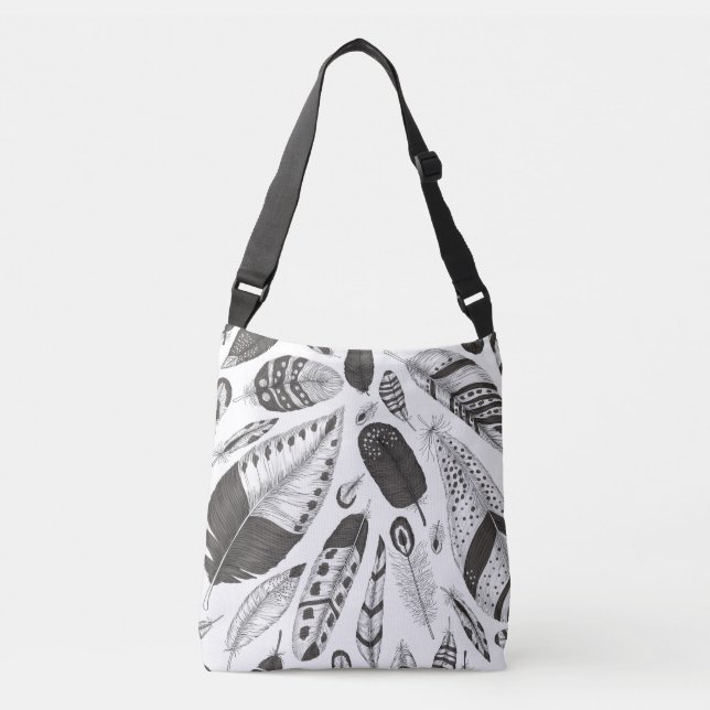 Black and white feathers pattern crossbody bag (Front)