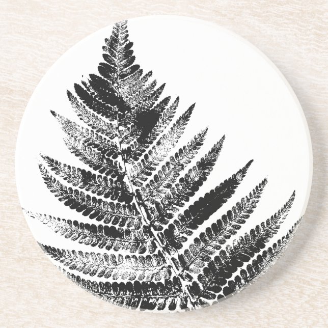 Black and White Fern Leaf Print Round Coaster (Front)