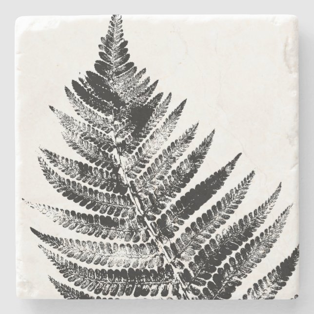Black and White Fern Leaf Print Stone Coaster (Front)