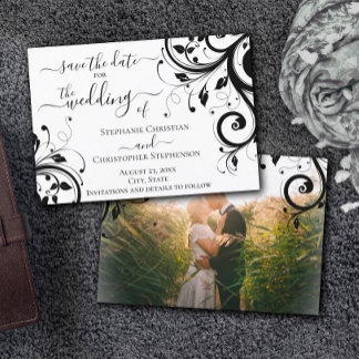 Black and White Festive Save the Date Back Photo Invitation