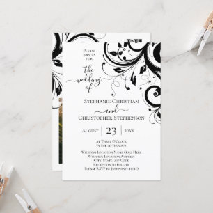 Black and White Festive Swirl Photo and QR Code Invitation