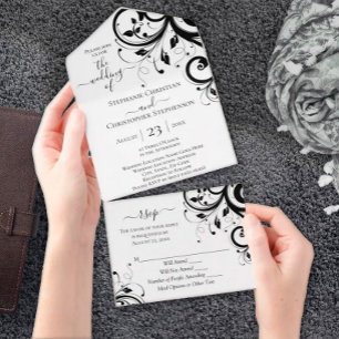 Black and White Festive Swirl Script All In One In All In One Invitation