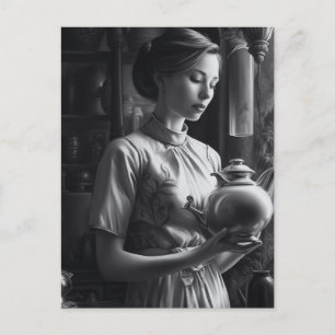 Black and White Film Noir Woman Kitchen Tea Postcard