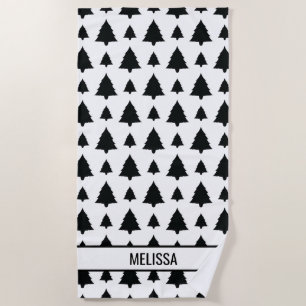 Black And White Fir Christmas Tree Pattern & Name Beach Towel