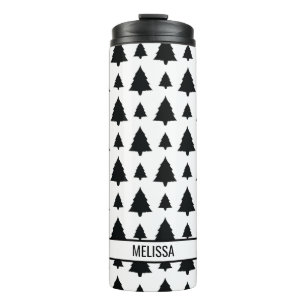 Black And White Fir Christmas Tree Pattern & Name Thermal Tumbler