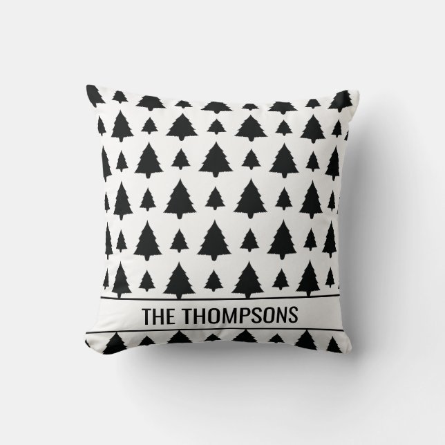 Black And White Fir Christmas Tree Pattern & Text Cushion (Front)